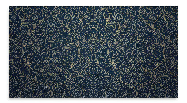 Luxury damask floral pattern with golden lines on dark blue background, vintage ornate wallpaper design, classic baroque style