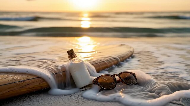 Surfboard with sunglasses and glass bottle resting and being washed by gentle waves on sandy beach shoreline at sunset golden hour