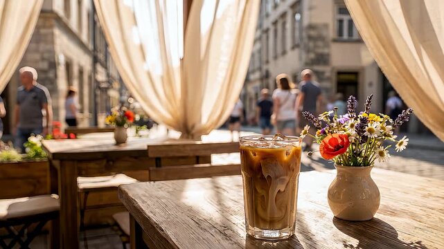 Glass of iced latte and vase of wildflowers sitting on wooden table at outdoor cafe street terrace with pedestrians in background