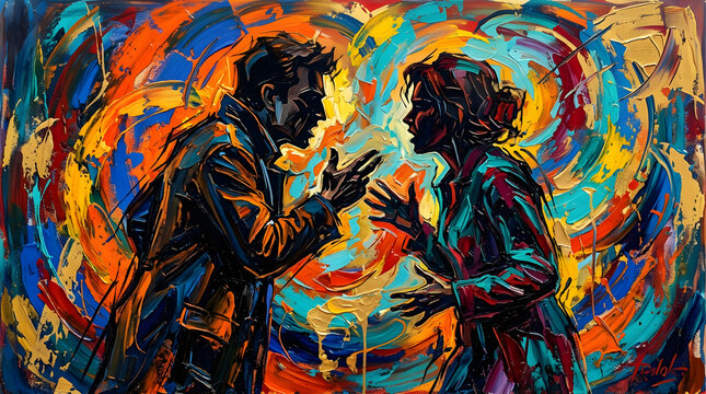 Abstract expressionist painting of a couple arguing, vivid colors and energetic brushwork representing emotional turmoil and interpersonal conflict