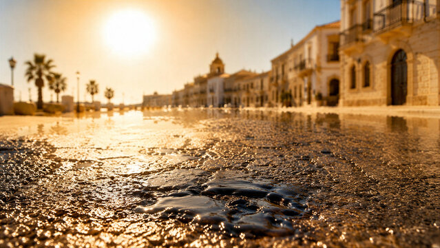Heat wave in Europe showing melting asphalt in old city street. Extreme hot weather with intense sunshine creating mirage effect on road surface. Climate change and global warming topic.