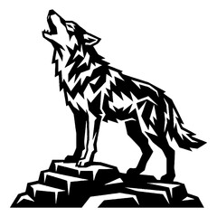 Obraz premium Geometric black and white vector illustration of a howling wolf standing on stylized rocks, depicted in a strong graphic art style with sharp angular lines.