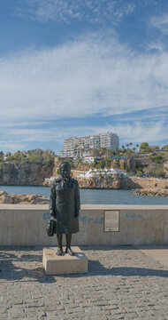 Antalya, Turkey-10.01.2025: Statue of Fatma Doman, who worked as a lighthouse guard in Kaleici marina for 28 years from 1955 till 1983.