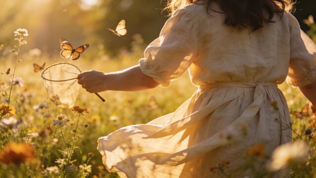 Child chasing butterflies through blooming wildflower meadow during golden hour sunlight Holding insect net while exploring nature in carefree outdoor adventure Warm backlit scene capturing childhood 