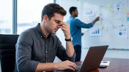 Fototapeta premium Stressed businessman sitting at desk in office with colleague working on whiteboard in background