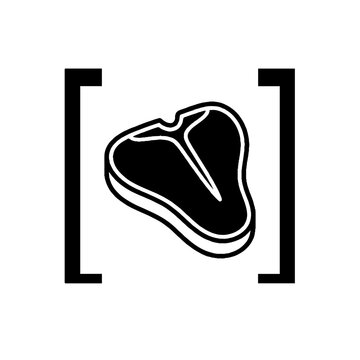 Minimalist black and white vector illustration of a T-bone steak icon framed by bold square brackets on a clean white background