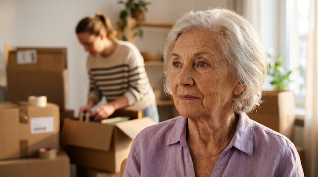 Senior woman looking thoughtful while her daughter packs cardboard boxes in the background during a home move or relocation