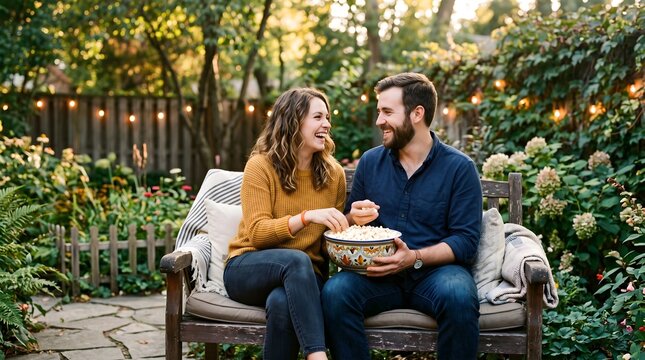 A happy couple sharing popcorn and enjoying each other's company on a bench in a beautiful garden at dusk. The fairy lights strung overhead add a romantic ambiance.