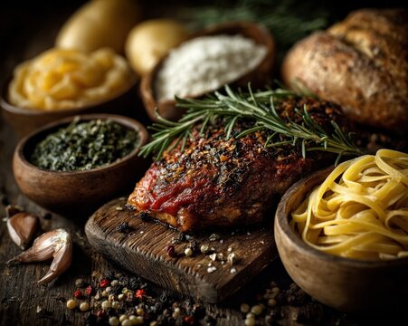 Table full of food products for complete diet and nutrition, Italian-style sfondo cibo layout
