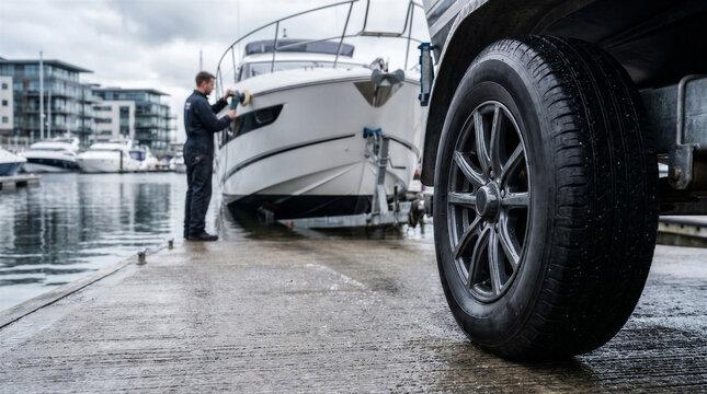 Professional boat maintenance worker polishing the hull of a luxury yacht on a trailer at a marina dock with a cloudy sky background