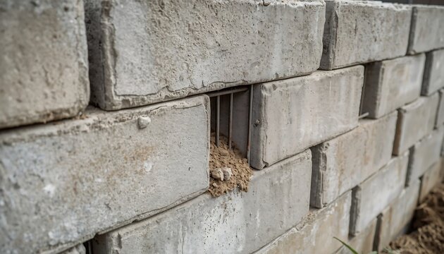 A stack of concrete blocks forms a sturdy retaining wall, demonstrating durable construction materials and potential for landscaping projects.