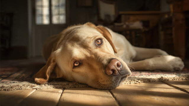 A tired dog lies on a rug in a sunlit room with wooden flooring and furniture