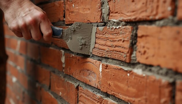 A builder uses a specialized trowel to carefully fill gaps between bricks with mortar on an exterior wall construction project.