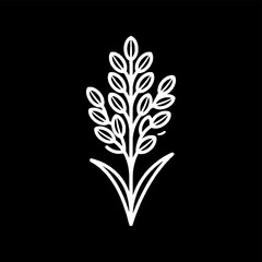 Fototapeta premium Stylized plant stalk with leaves in white line art, presented as a minimalist icon on a black background.