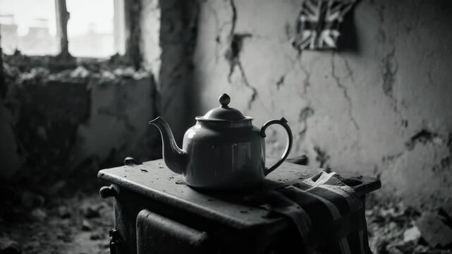 Teapot on a stove in a ruined room with a British flag. Black and white scene of domestic life during the war. World War II home front concept