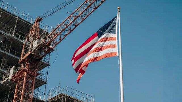 American flag waving at a construction site. Red industrial crane and building under development against a blue sky. National pride and infrastructure concept