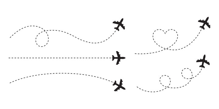 Airplane flight path icons with dotted lines on white background