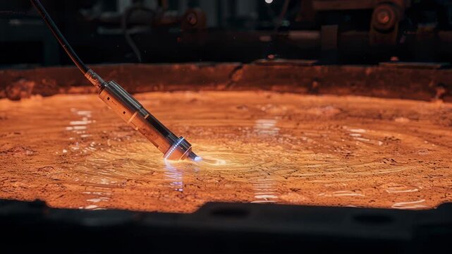 Medium shot of a probe delicately immersed in molten metal monitoring chemical makeup dynamically to ensure quality alloy consistency inline