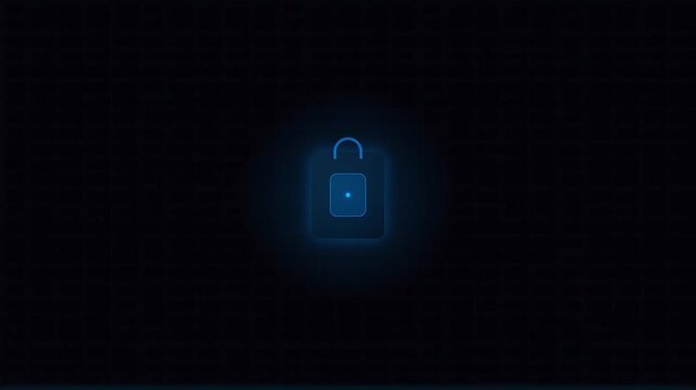 Blue glowing padlock on dark background.