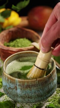 Hand whisking vibrant green matcha tea with traditional bamboo whisk, surrounded by matcha powder and tea-making ingredients. Illuminated by natural sunlight, creating an authentic tea ceremony scene