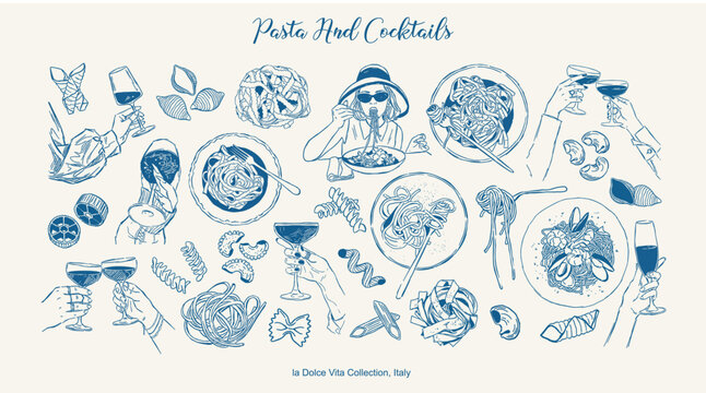 Hand drawn vector doodle set featuring diverse Italian pasta dish varieties, plates of spaghetti, hands holding glasses for a toast.ink line art elements for Mediterranean restaurant menus.