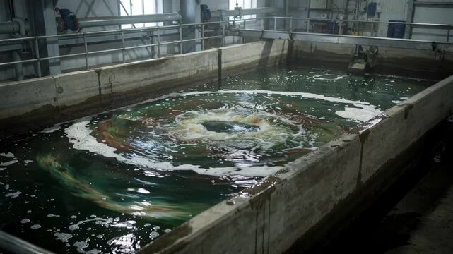 Medium shot of a flocculation tank in an effluent treatment plant with swirling colored wastewater undergoing chemical coagulation for pollutant removal