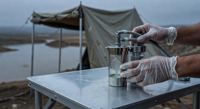 Scientists hands operating membrane filter on portable aluminum table faint outline of temporary tent and tailings pond in soft focus cool natural light highlighting detailed