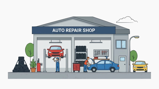 Automotive repair shop with professional equipment, concept of vehicle maintenance, diagnostics, and specialized mechanical services.