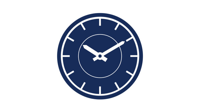 Minimalist Clock Icon featuring a dark blue circular face with white hands and hour markers on a clean white background, ideal for time management concepts and productivity apps.