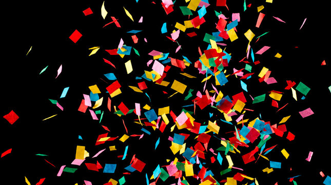Vibrant multicolored paper confetti exploding against black background for party overlay