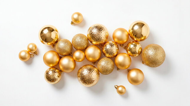 Golden christmas baubles arranged in elegant flat lay on clean white background