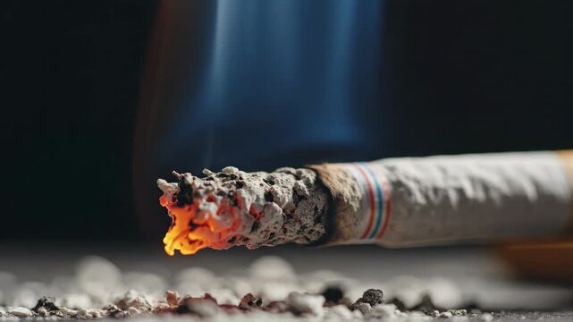 Macro shot of a burning cigarette with smoke rising. Metaphor for addiction and health risk. Toxic habit concept