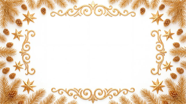 Elegant golden ornamental christmas frame with pinecones and stars on white background