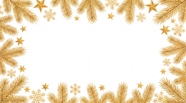 Golden pine branches and snowflakes christmas frame on white for greeting card layout