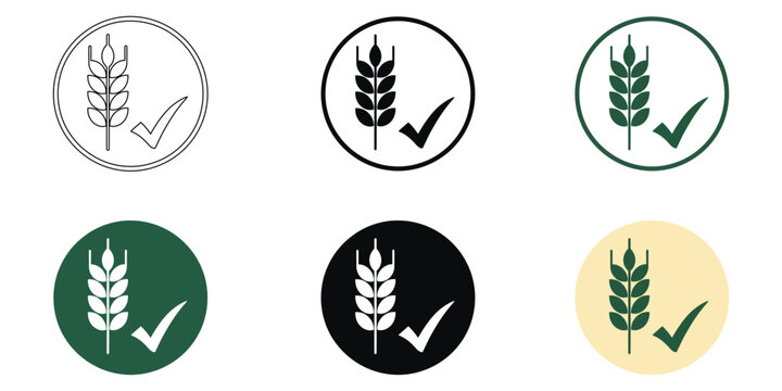 Gluten free wheat ear icons set with check marks in circle frames Vector