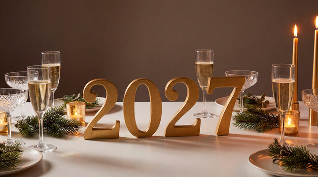 Elegant golden 2027 numbers on holiday dinner table with champagne flutes and pine branches