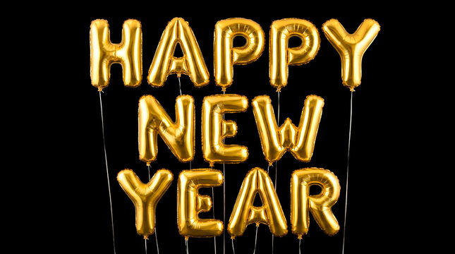 Happy new year gold foil balloon letters on dramatic black background for festive design