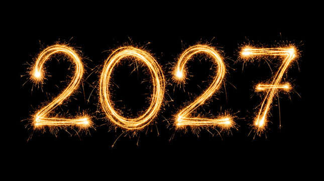 Glowing sparkler written 2027 on dark black background for new year banner overlay