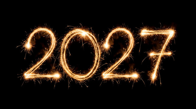 Sparkler light painting 2027 number on black background for new year festive overlay