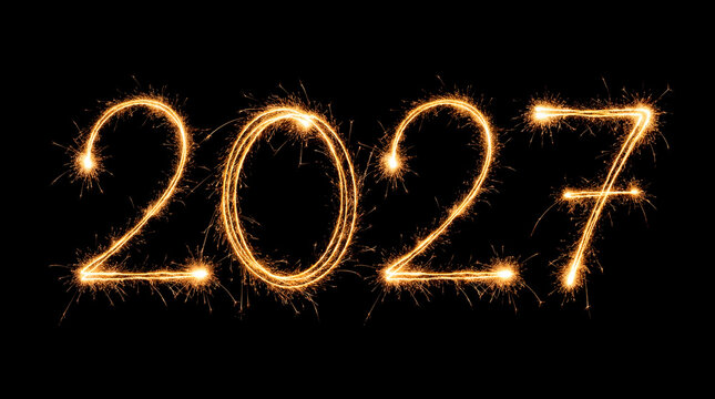 Handwritten sparkler 2027 numbers on isolated black background for festive new year design