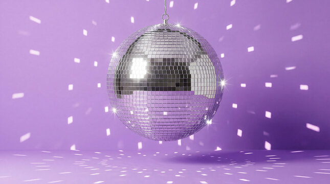 Silver disco mirror ball hanging on vibrant purple background with falling confetti