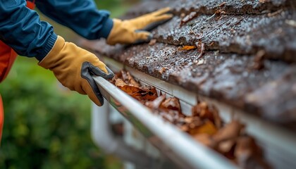 Naklejka premium Person wearing gloves cleaning leaves and debris from a clogged rain gutter on a sloped roof.