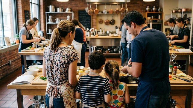 Father and family cooking together in a culinary workshop, enjoying a fun hands-on baking class, celebrating quality time on Father's Day.
