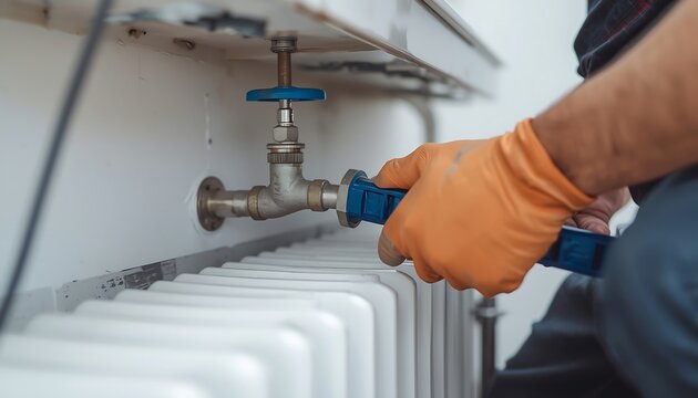 A plumber wearing orange gloves is tightening a valve on a white radiator using a blue wrench for heating system maintenance.