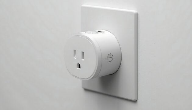 A smart plug adapter with USB ports is plugged into a white electrical outlet on a plain white wall.