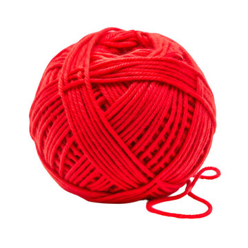 Ball of red yarn with loose end, isolated on transparent background, close up studio shot.