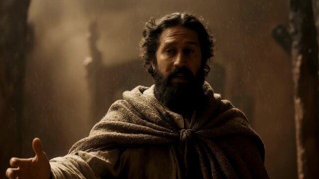 Prophet Jonah inside the great fish. Bearded man in a dark wet environment looking around in distress. Biblical story of Jonah and the whale