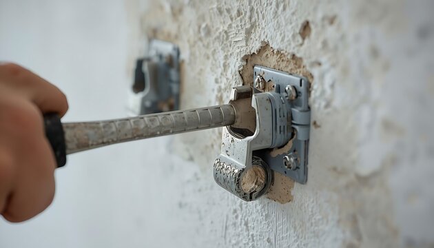 A hand holding a metal tool is removing a hinge from a damaged plaster wall with visible crumbling.