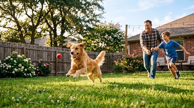 Happy Golden Retriever chasing ball in sunny backyard with cheering father and son running behind, celebrating Father's Day and active family bonding outdoors.