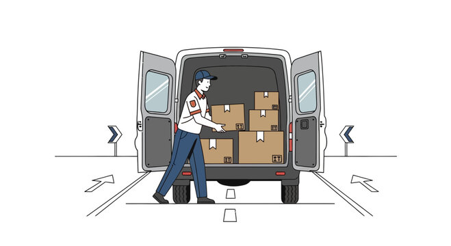 Delivery man loading boxes into a van, logistics and shipping concept